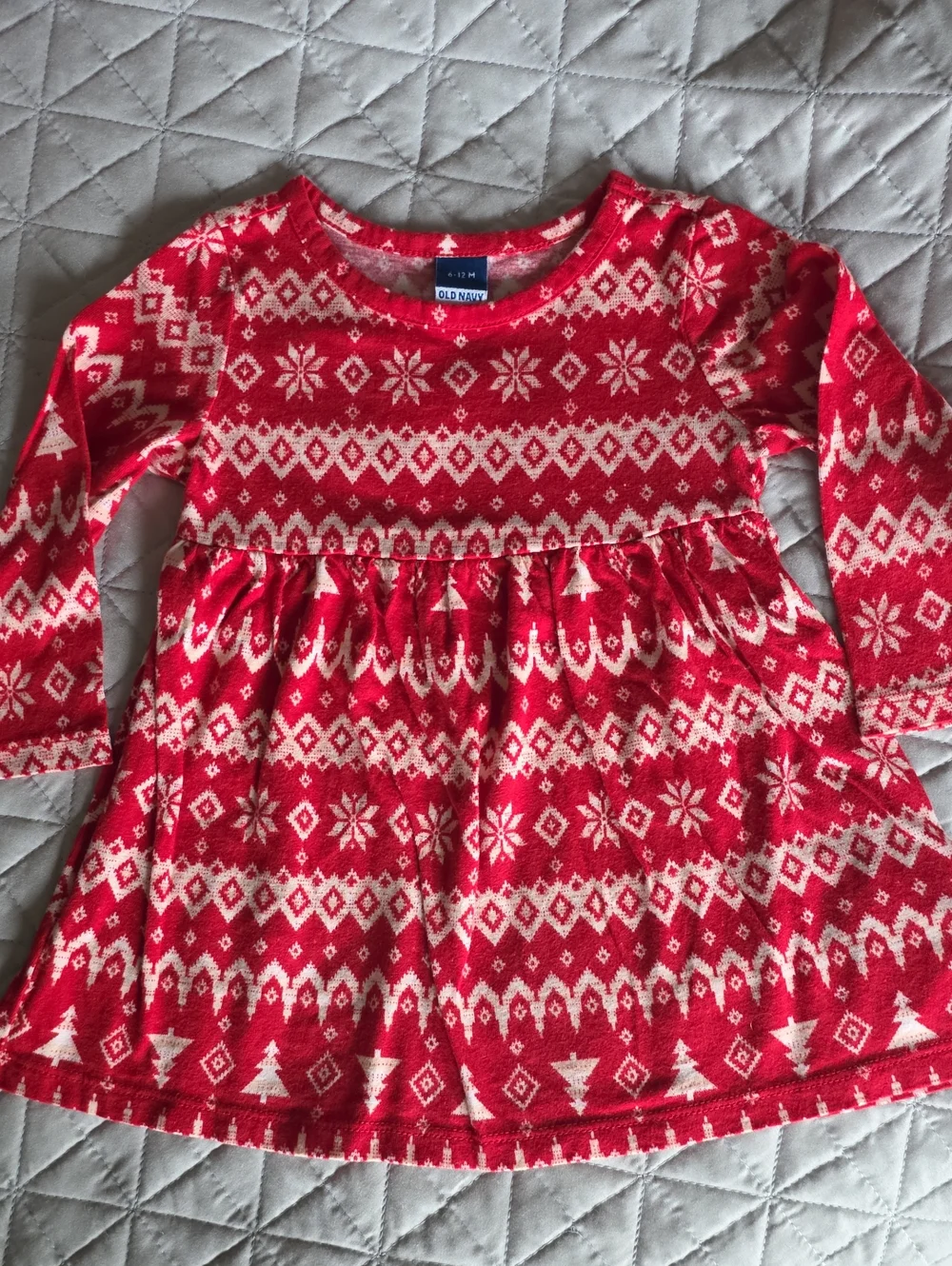 Old Navy Red and Cream Fair Isle Knit Dress with Tree Motif
